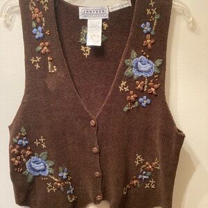 Vintage Size Small Women’s Jantzen Brown Vest with Blue Floral Embroidery